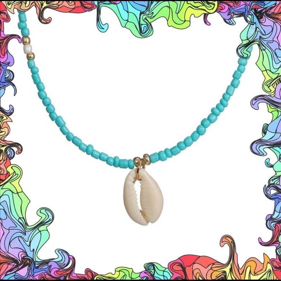 Turquoise Cowrie SeaShell & Beads Necklace (v1) - Picture 1 of 8